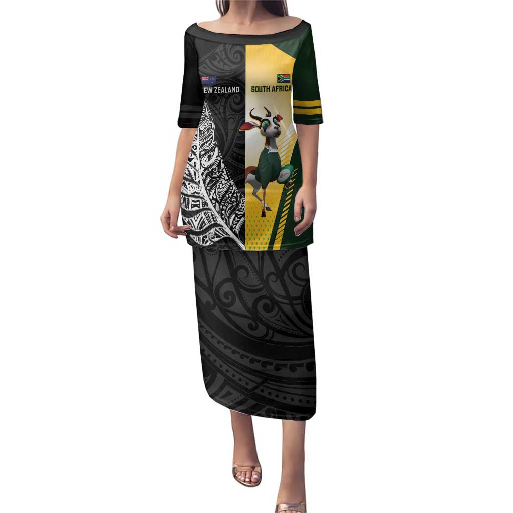 New Zealand and South Africa Rugby Custom Family Matching Puletasi and Hawaiian Shirt Maori Silver Fern Springbok Together - Polynesian Pride