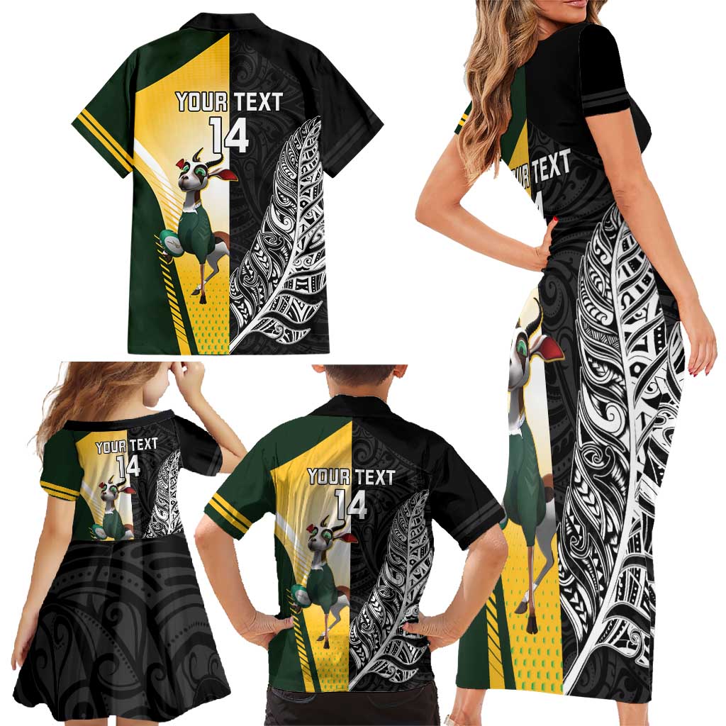 New Zealand and South Africa Rugby Custom Family Matching Short Sleeve Bodycon Dress and Hawaiian Shirt Maori Silver Fern Springbok Together - Polynesian Pride