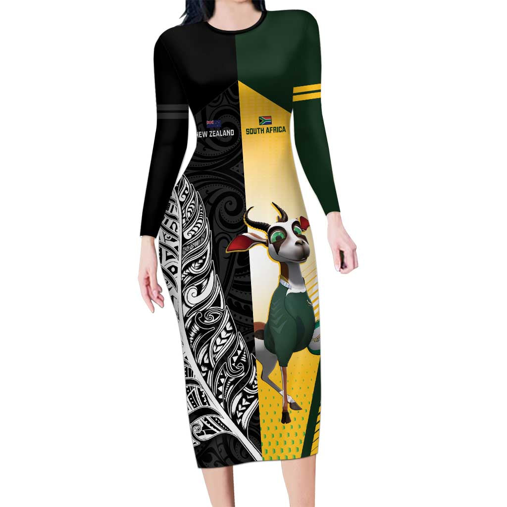 New Zealand and South Africa Rugby Custom Long Sleeve Bodycon Dress Maori Silver Fern Springbok Together - Polynesian Pride