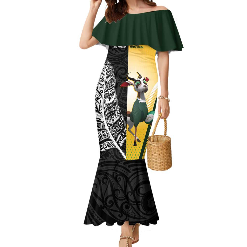 New Zealand and South Africa Rugby Custom Mermaid Dress Maori Silver Fern Springbok Together - Polynesian Pride