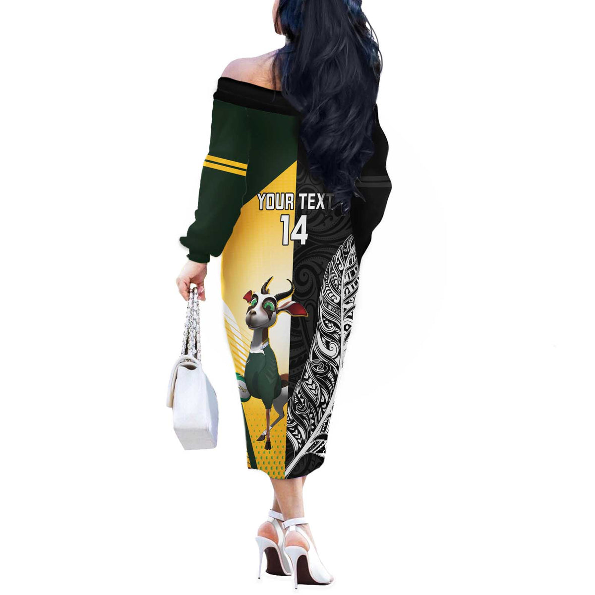 New Zealand and South Africa Rugby Custom Off The Shoulder Long Sleeve Dress Maori Silver Fern Springbok Together - Polynesian Pride