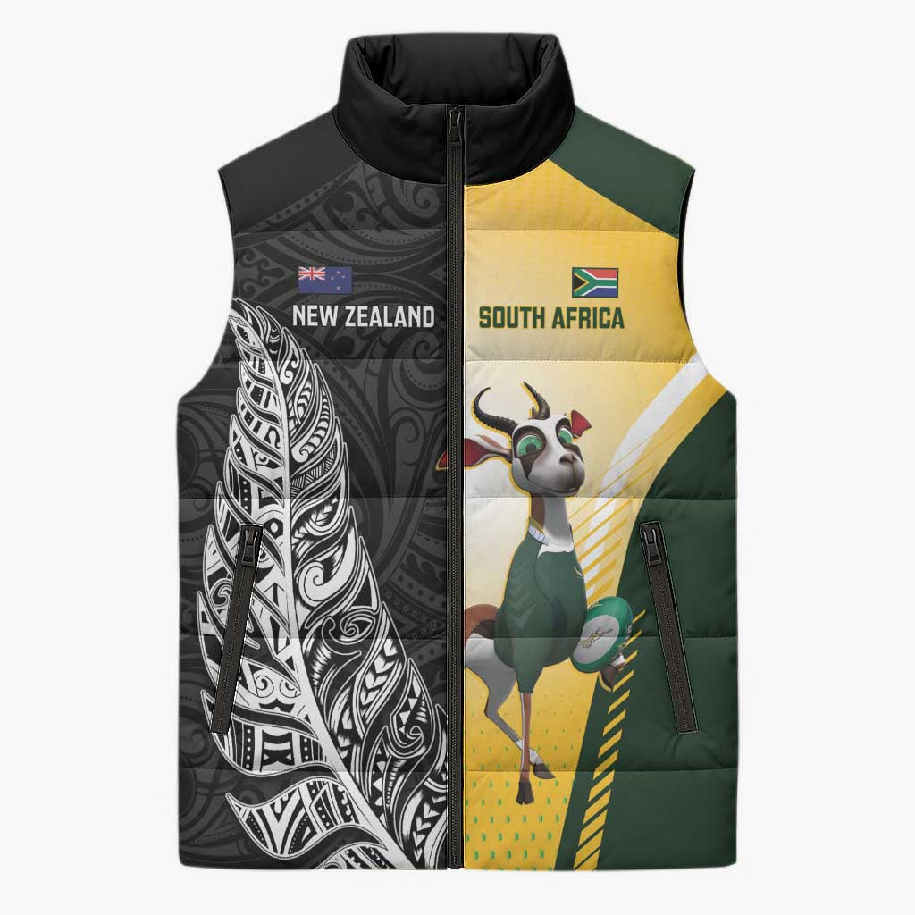 New Zealand and South Africa Rugby Custom Sleeveless Puffer Jacket Maori Silver Fern Springbok Together - Polynesian Pride