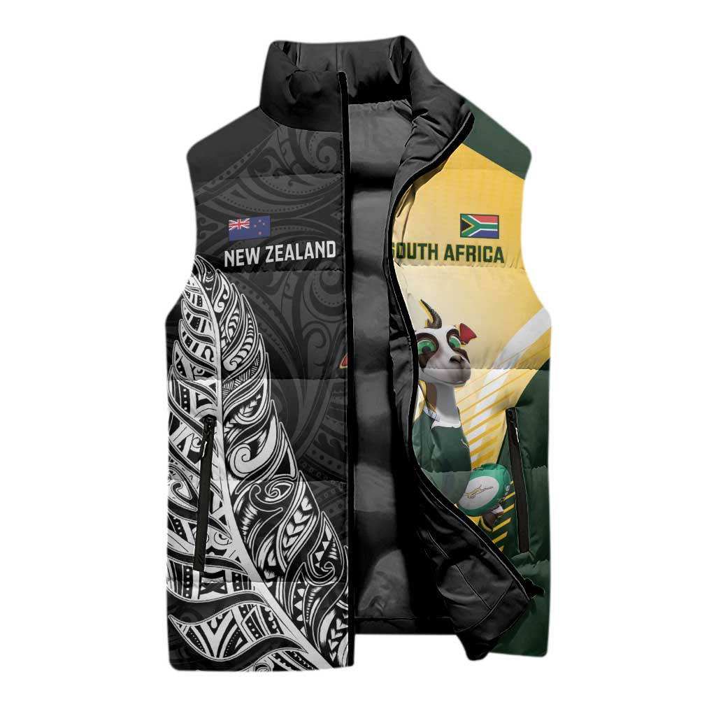 New Zealand and South Africa Rugby Custom Sleeveless Puffer Jacket Maori Silver Fern Springbok Together - Polynesian Pride