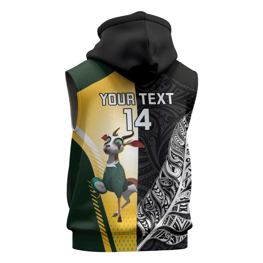 New Zealand and South Africa Rugby Custom Sleeveless Zip Hoodie Maori Silver Fern Springbok Together - Polynesian Pride