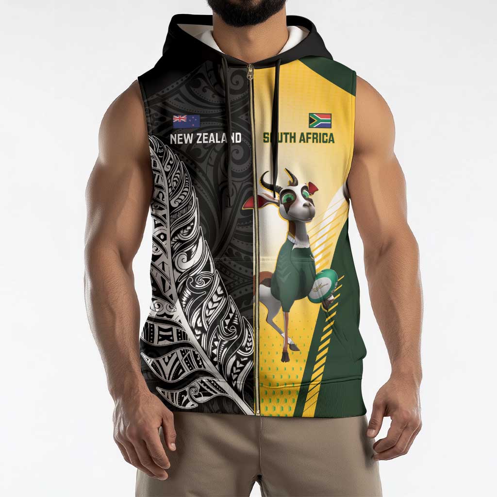 New Zealand and South Africa Rugby Custom Sleeveless Zip Hoodie Maori Silver Fern Springbok Together - Polynesian Pride
