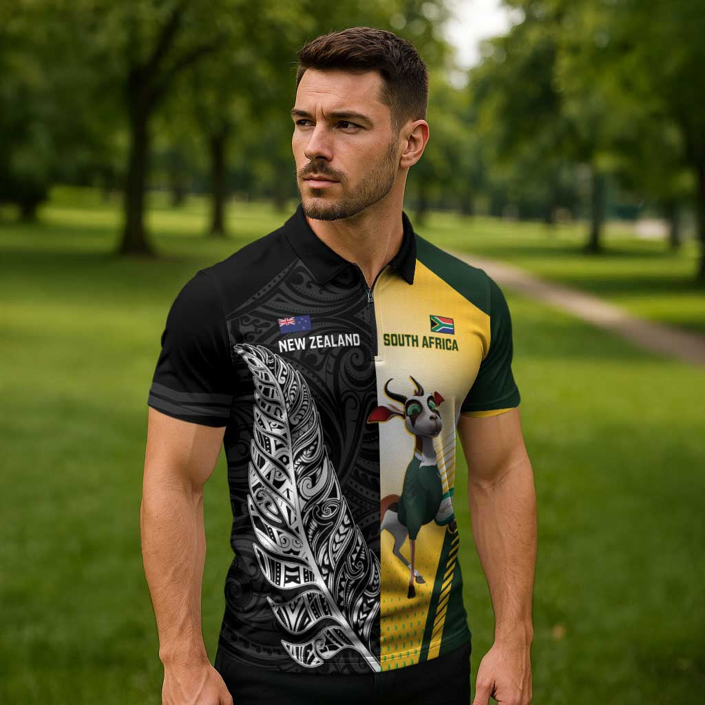 New Zealand and South Africa Rugby Custom Zipper Polo Shirt Maori Silver Fern Springbok Together - Polynesian Pride