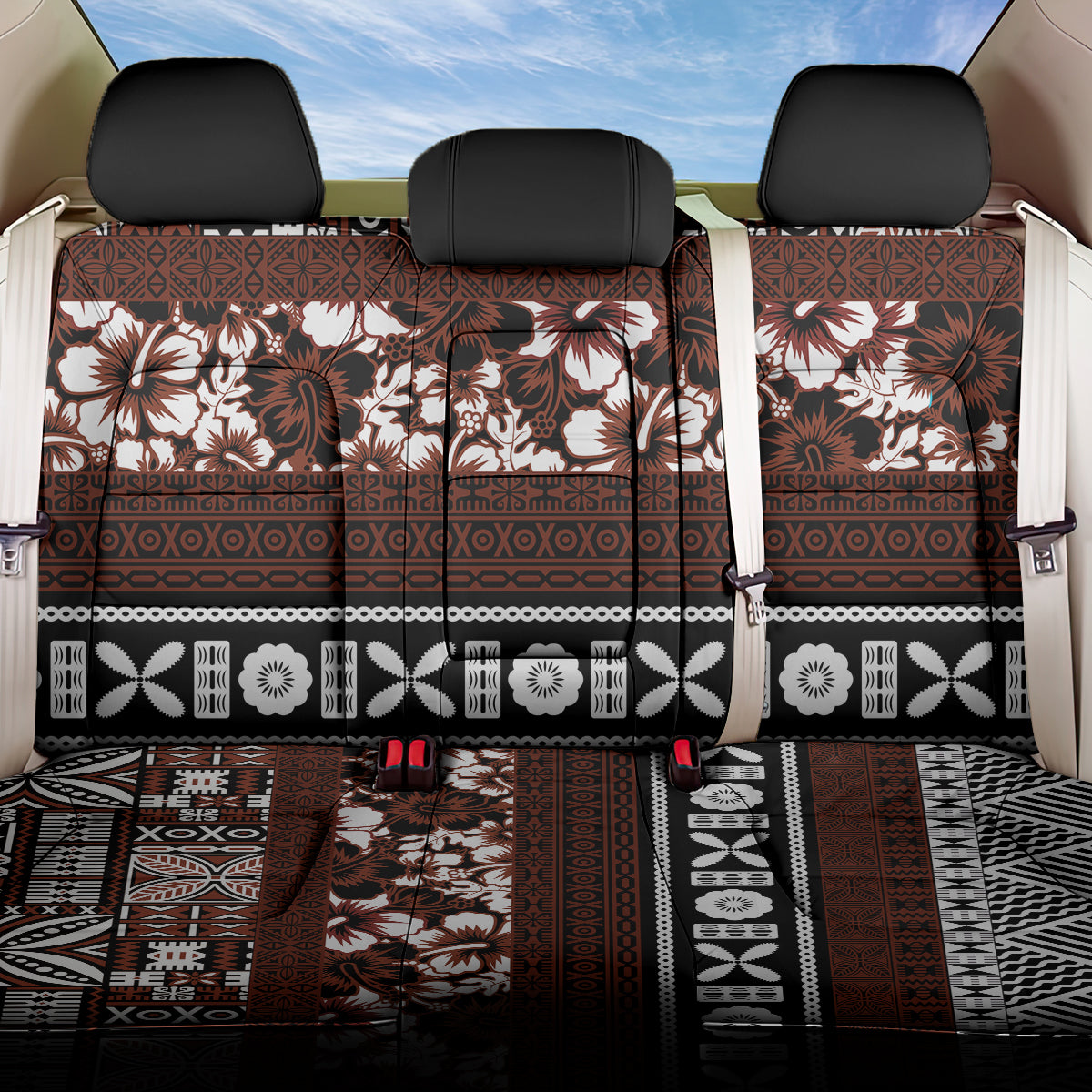 Bula Fiji Back Car Seat Cover Fijian Tapa Masi With Hibiscus Flowers LT14 One Size Brown - Polynesian Pride
