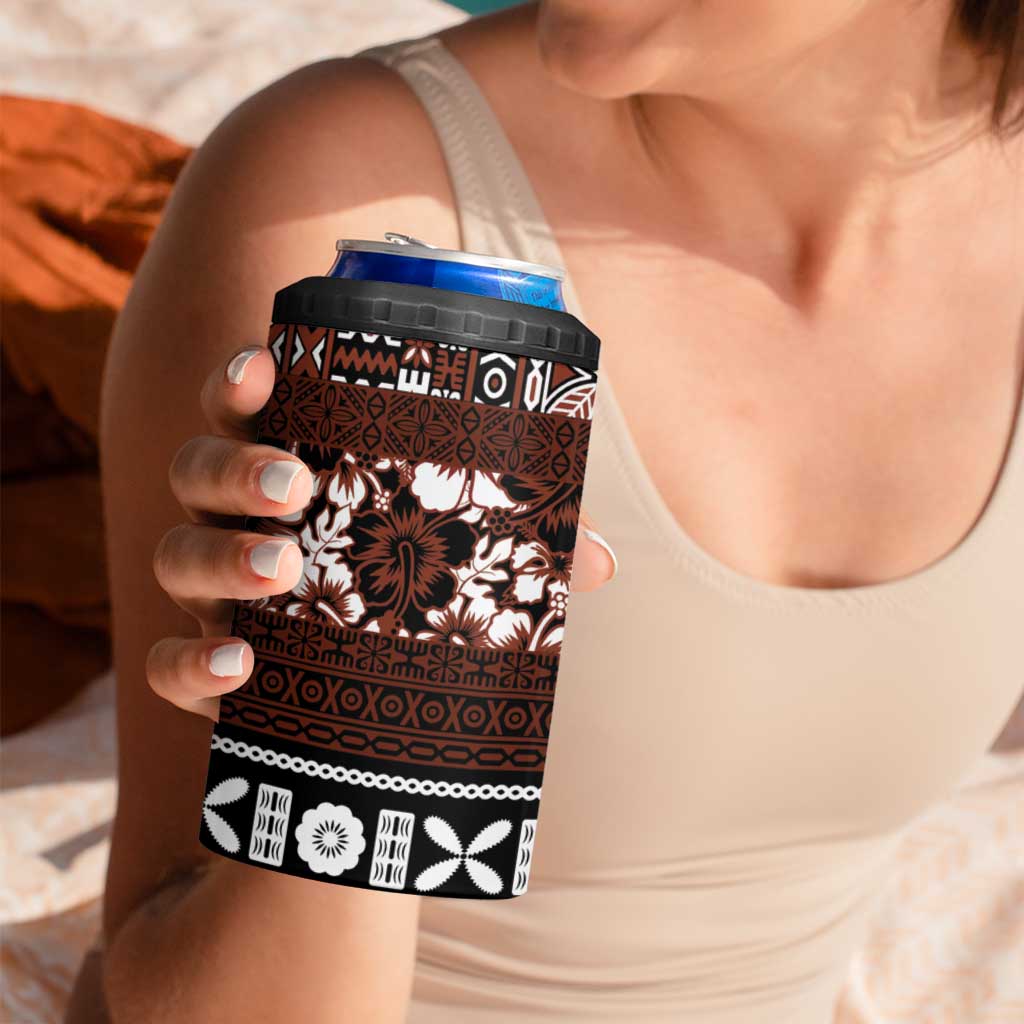 Bula Fiji 4 in 1 Can Cooler Tumbler Fijian Tapa Masi With Hibiscus Flowers