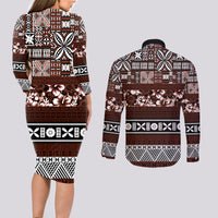 Bula Fiji Couples Matching Long Sleeve Bodycon Dress and Long Sleeve Button Shirt Fijian Tapa Masi With Hibiscus Flowers LT14 - Polynesian Pride