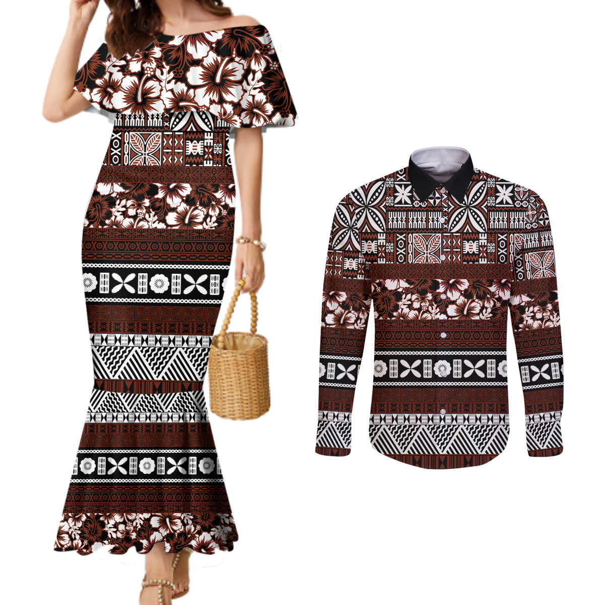 Bula Fiji Couples Matching Mermaid Dress and Long Sleeve Button Shirt Fijian Tapa Masi With Hibiscus Flowers LT14 Brown - Polynesian Pride