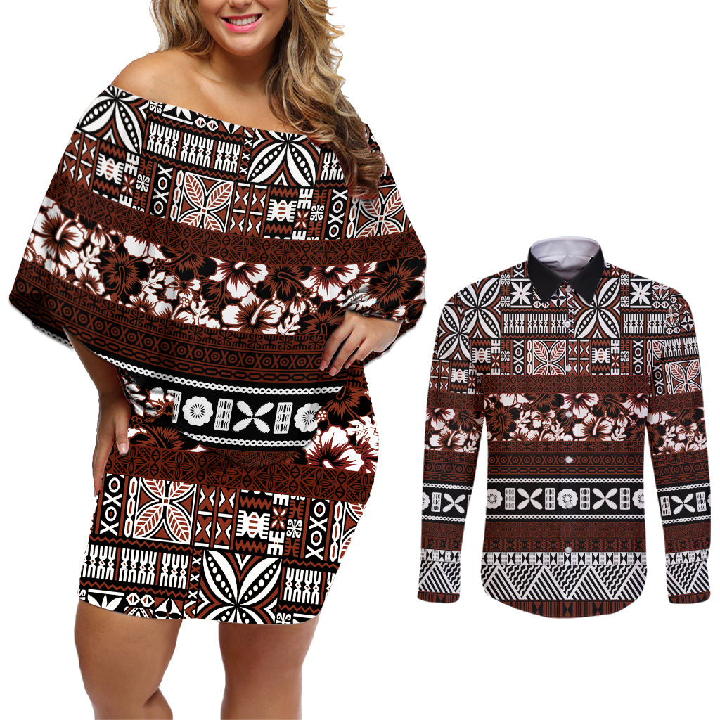 Bula Fiji Couples Matching Off Shoulder Short Dress and Long Sleeve Button Shirt Fijian Tapa Masi With Hibiscus Flowers LT14 Brown - Polynesian Pride