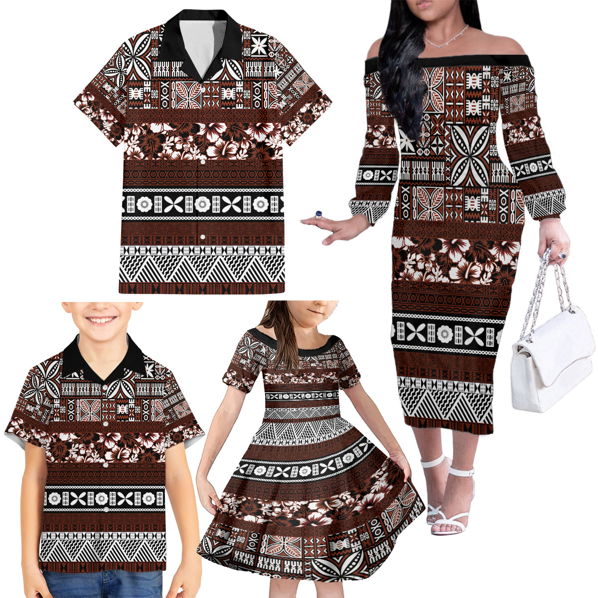 Bula Fiji Family Matching Off Shoulder Long Sleeve Dress and Hawaiian Shirt Fijian Tapa Masi With Hibiscus Flowers LT14 - Polynesian Pride