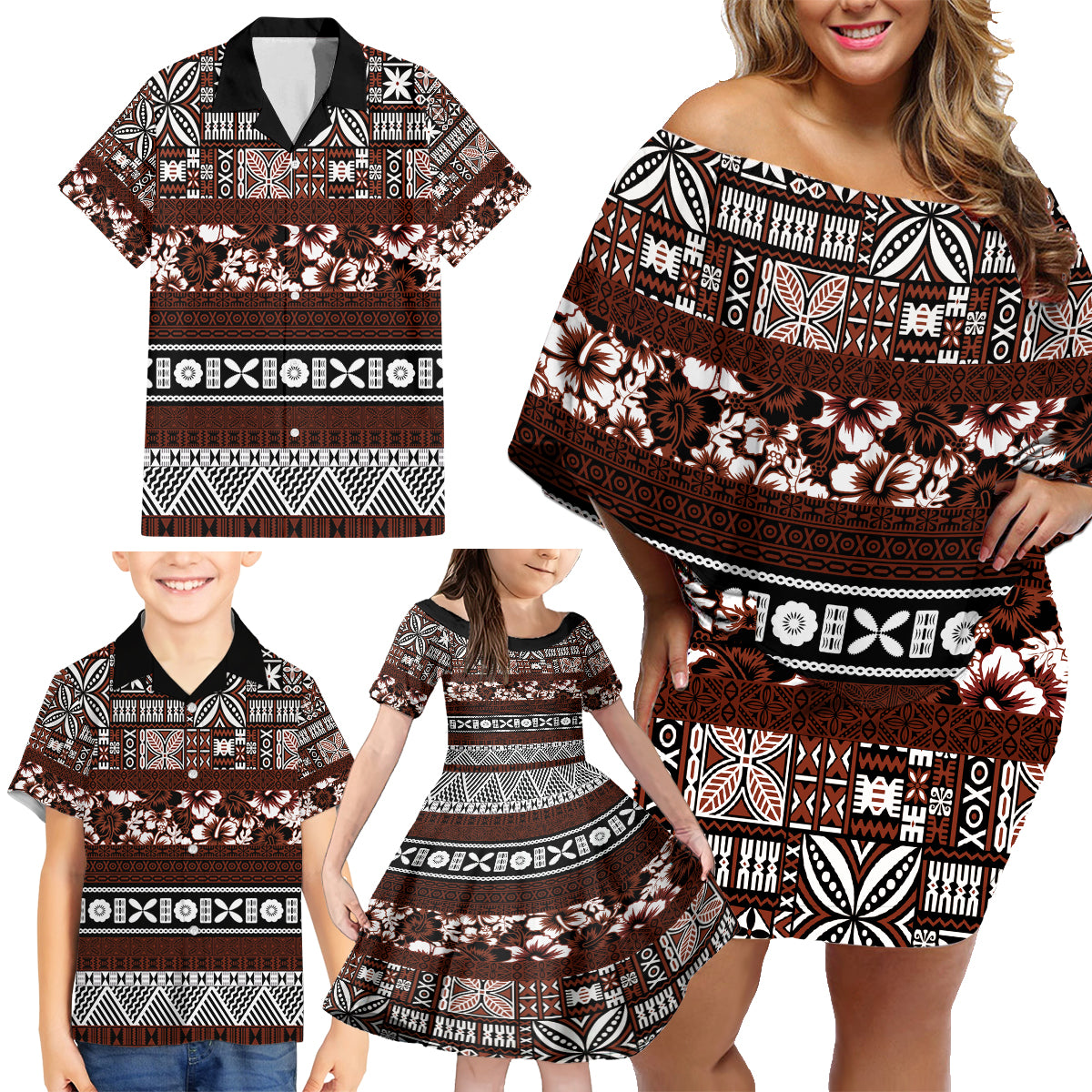 Bula Fiji Family Matching Off Shoulder Short Dress and Hawaiian Shirt Fijian Tapa Masi With Hibiscus Flowers LT14 - Polynesian Pride