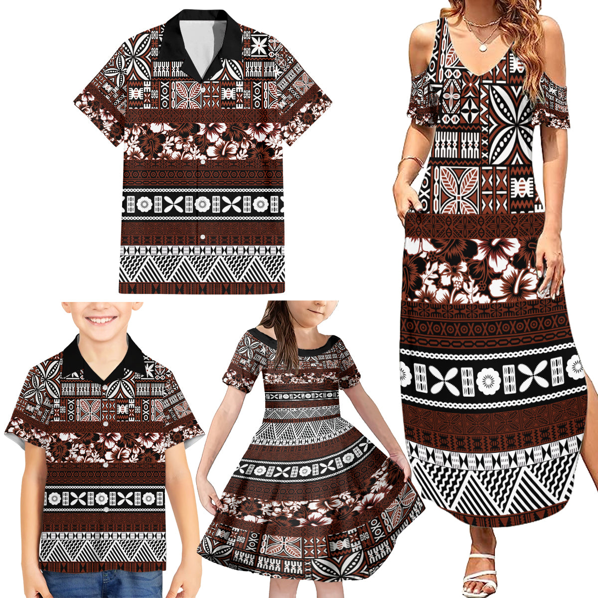 Bula Fiji Family Matching Summer Maxi Dress and Hawaiian Shirt Fijian Tapa Masi With Hibiscus Flowers LT14 - Polynesian Pride