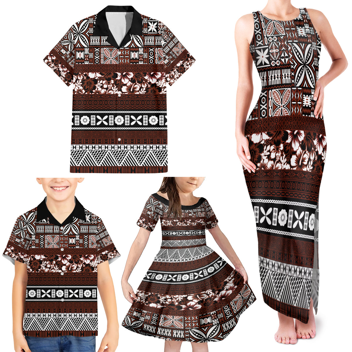 Bula Fiji Family Matching Tank Maxi Dress and Hawaiian Shirt Fijian Tapa Masi With Hibiscus Flowers LT14 - Polynesian Pride