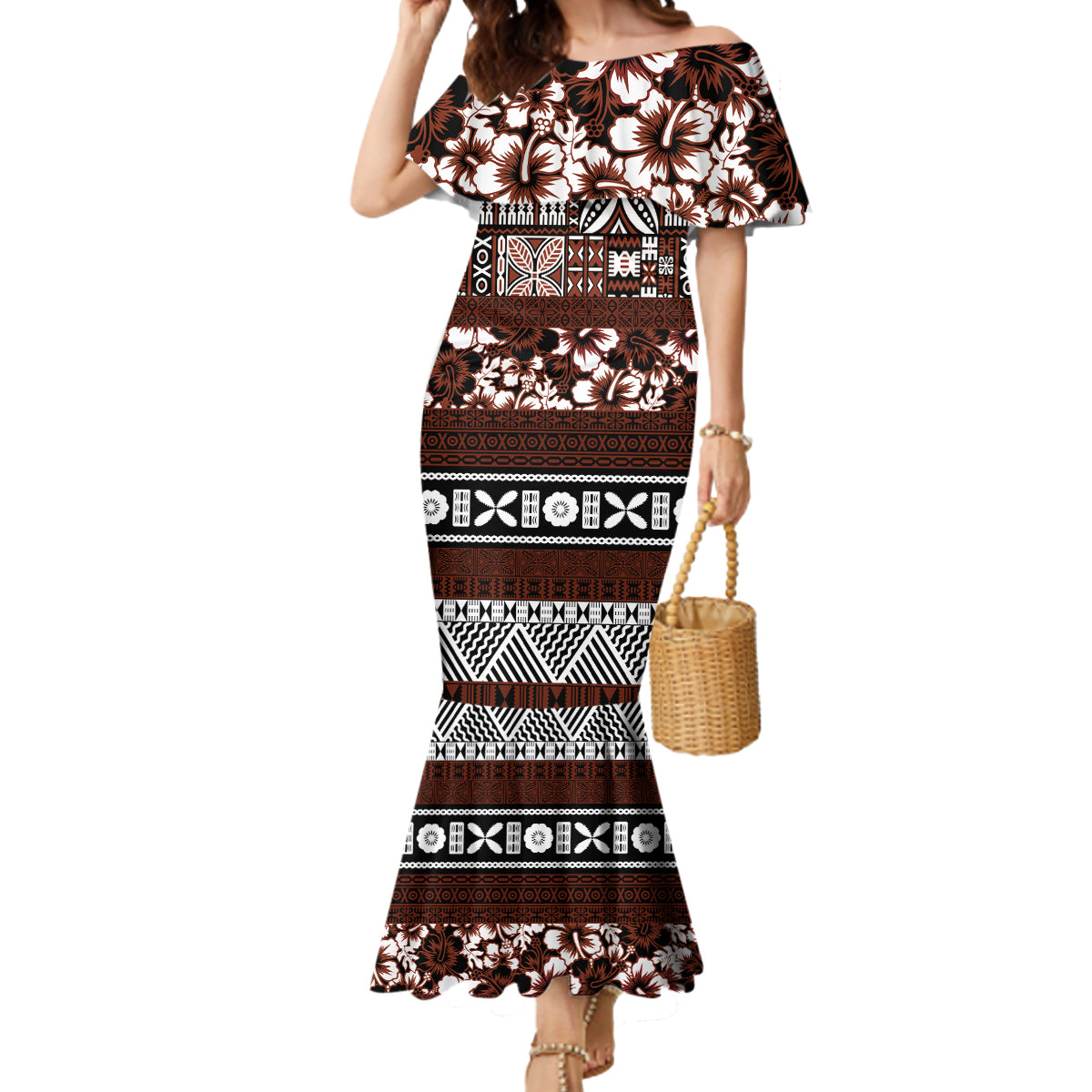 Bula Fiji Mermaid Dress Fijian Tapa Masi With Hibiscus Flowers LT14 Women Brown - Polynesian Pride