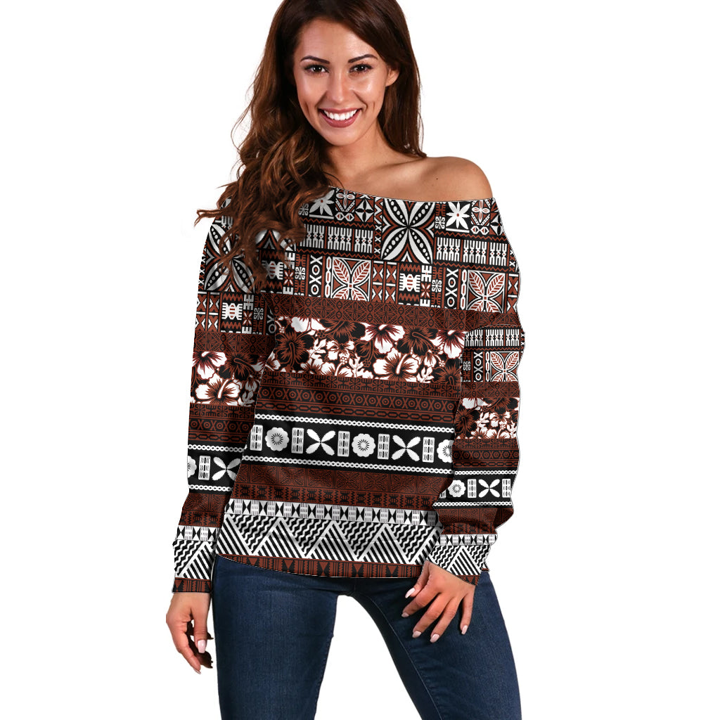 Bula Fiji Off Shoulder Sweater Fijian Tapa Masi With Hibiscus Flowers LT14 Women Brown - Polynesian Pride