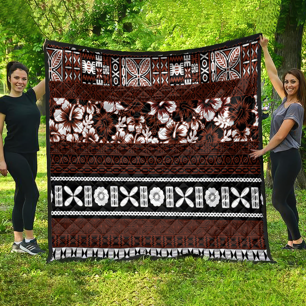 Bula Fiji Quilt Fijian Tapa Masi With Hibiscus Flowers LT14 - Polynesian Pride