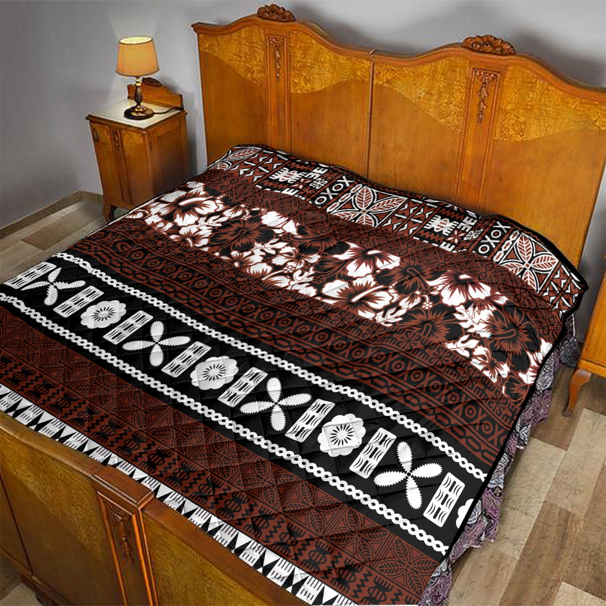 Bula Fiji Quilt Fijian Tapa Masi With Hibiscus Flowers LT14 - Polynesian Pride