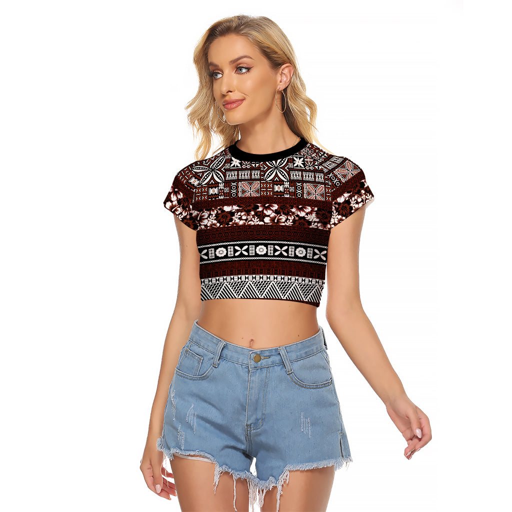 Bula Fiji Raglan Cropped T Shirt Fijian Tapa Masi With Hibiscus Flowers LT14 Female Brown - Polynesian Pride