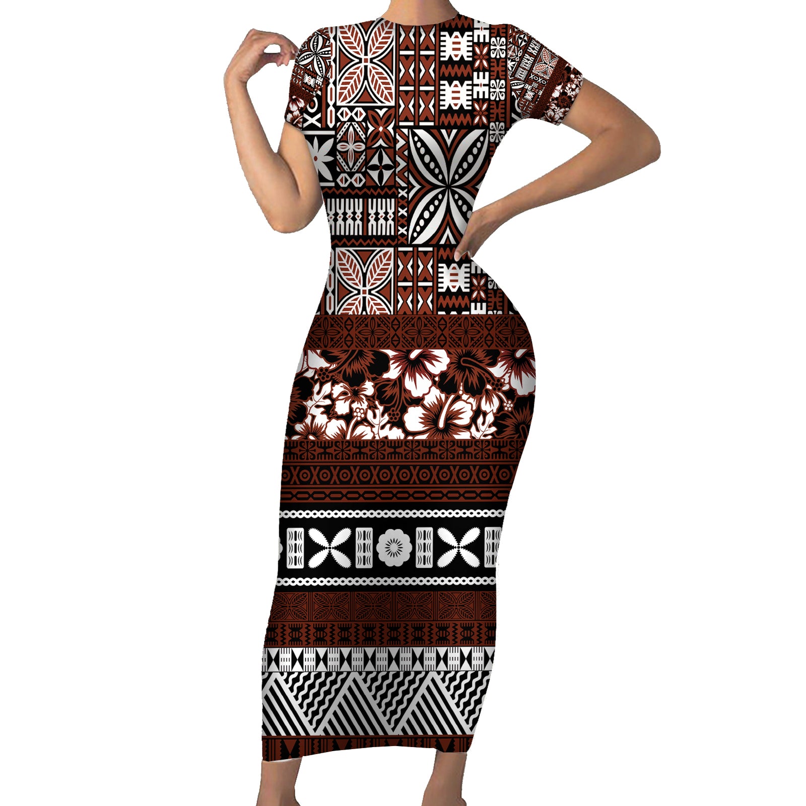 Bula Fiji Short Sleeve Bodycon Dress Fijian Tapa Masi With Hibiscus Flowers LT14 Long Dress Brown - Polynesian Pride
