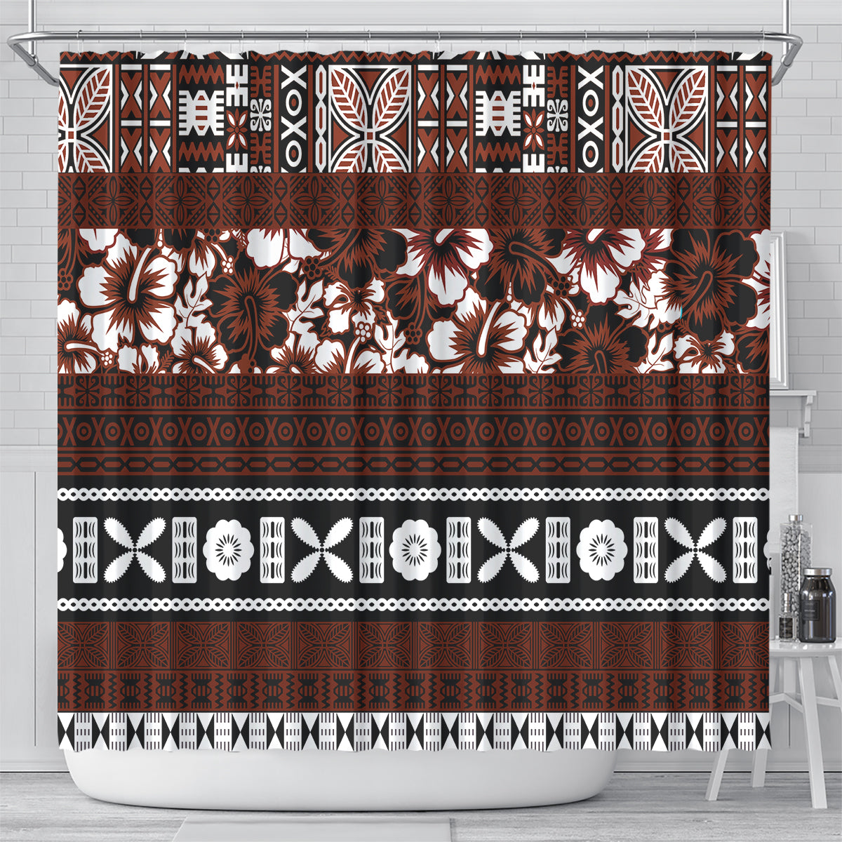 Bula Fiji Shower Curtain Fijian Tapa Masi With Hibiscus Flowers LT14 - Polynesian Pride