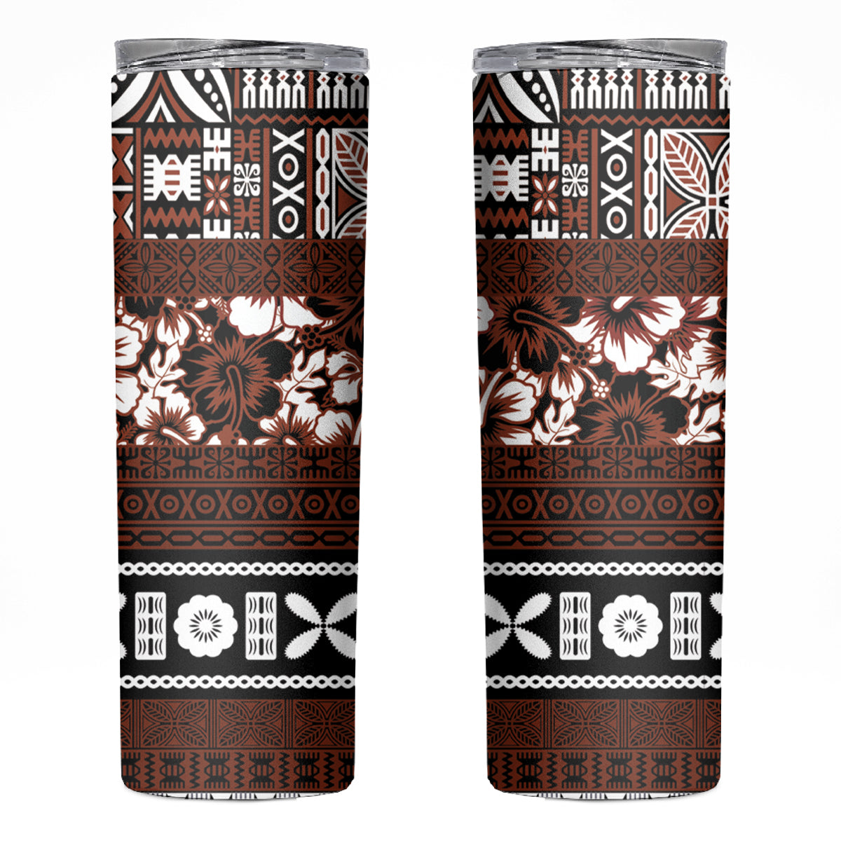 Bula Fiji Skinny Tumbler Fijian Tapa Masi With Hibiscus Flowers