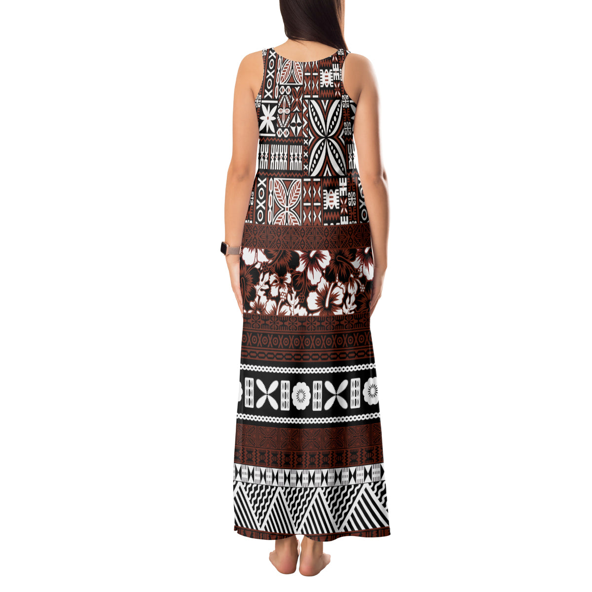 Bula Fiji Tank Maxi Dress Fijian Tapa Masi With Hibiscus Flowers LT14 - Polynesian Pride