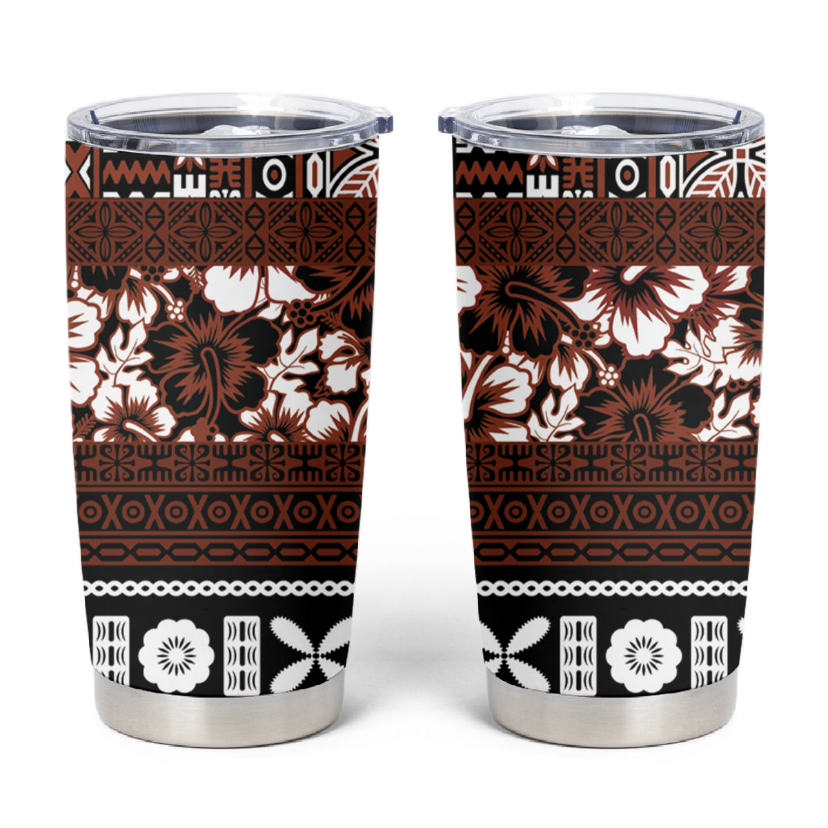 Bula Fiji Tumbler Cup Fijian Tapa Masi With Hibiscus Flowers