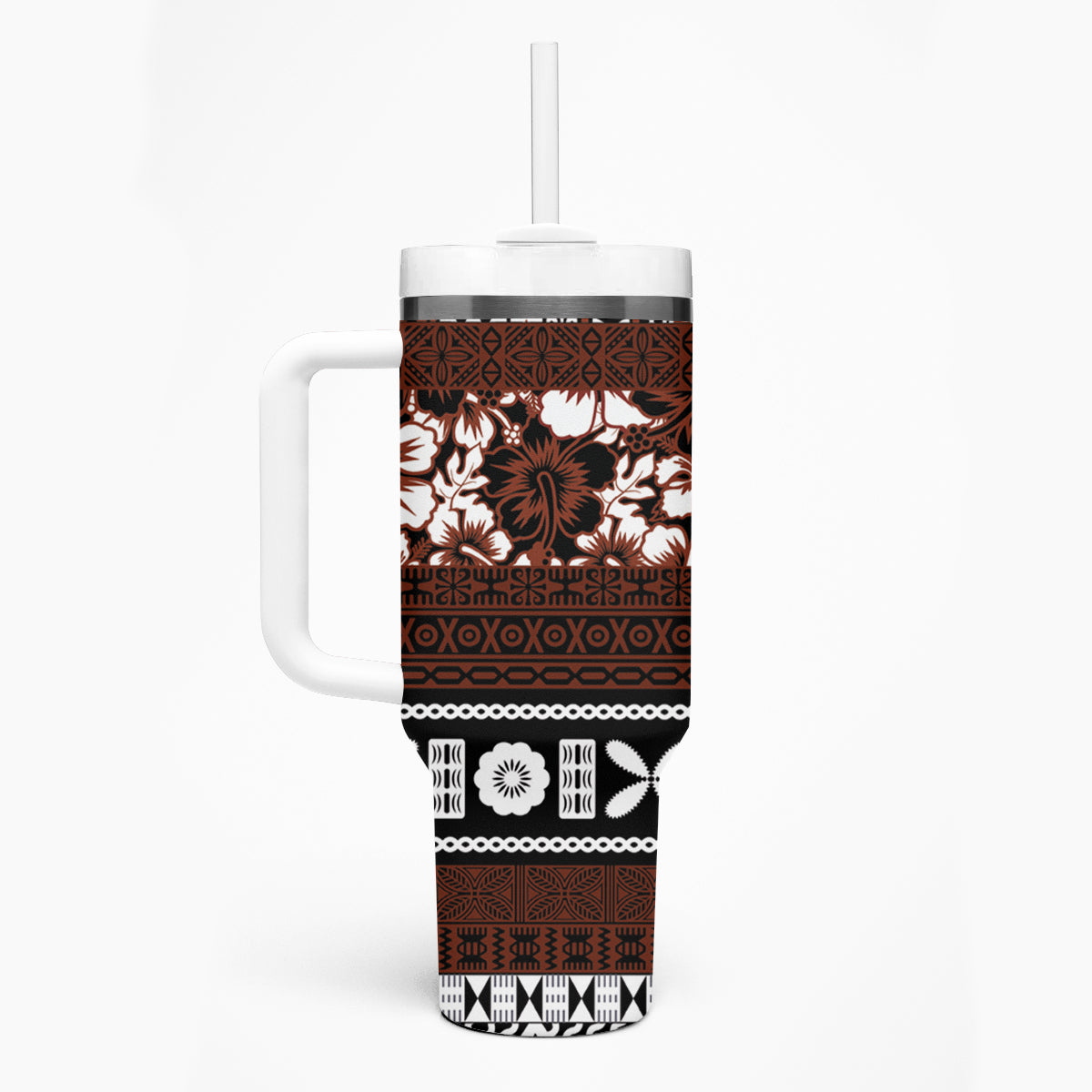 Bula Fiji Tumbler With Handle Fijian Tapa Masi With Hibiscus Flowers