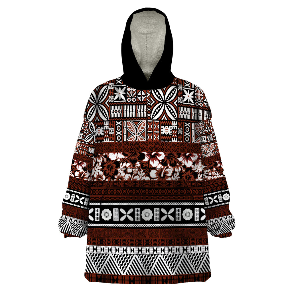 Bula Fiji Wearable Blanket Hoodie Fijian Tapa Masi With Hibiscus Flowers LT14 One Size Brown - Polynesian Pride