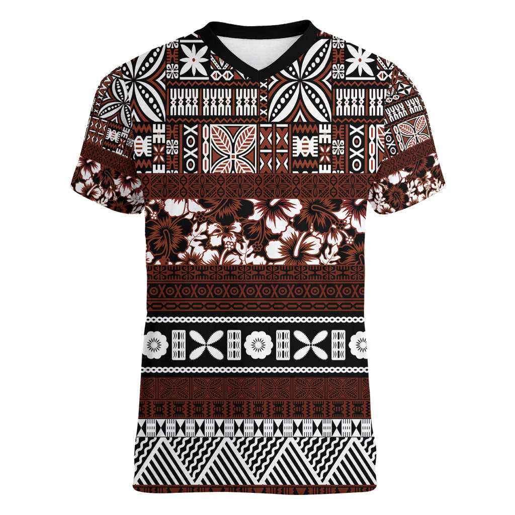 Bula Fiji Women V Neck T Shirt Fijian Tapa Masi With Hibiscus Flowers LT14 Female Brown - Polynesian Pride