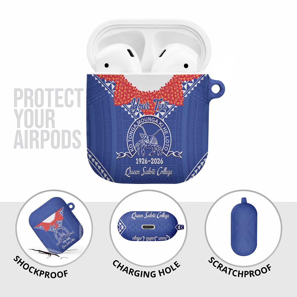 Queen Salote College 100 Years Personalized AirPods Case Tonga QSC Heilala Lei Blue Ngatu Pattern LT14 - Polynesian Pride