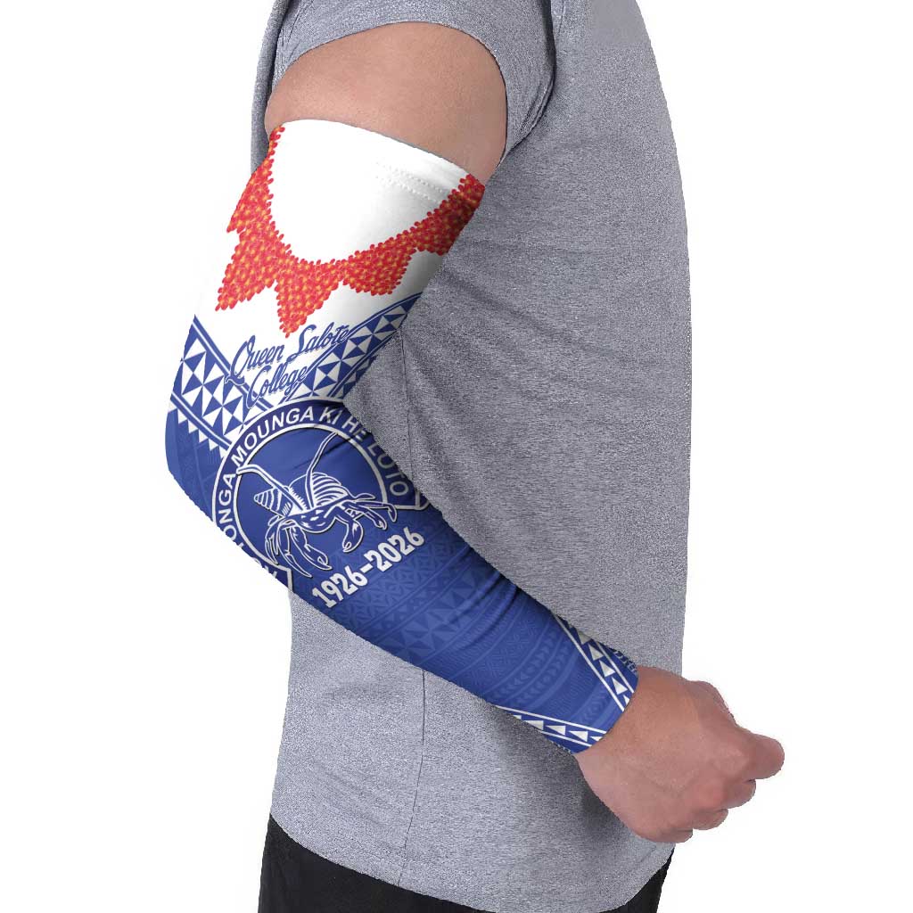 Queen Salote College 100 Years Personalized Arm Sleeves Tonga QSC Heilala Lei Blue Ngatu Pattern LT14 - Polynesian Pride