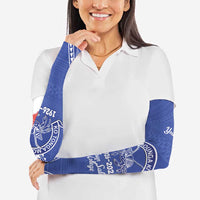 Queen Salote College 100 Years Personalized Arm Sleeves Tonga QSC Heilala Lei Blue Ngatu Pattern LT14 - Polynesian Pride
