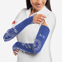Queen Salote College 100 Years Personalized Arm Sleeves Tonga QSC Heilala Lei Blue Ngatu Pattern LT14 - Polynesian Pride