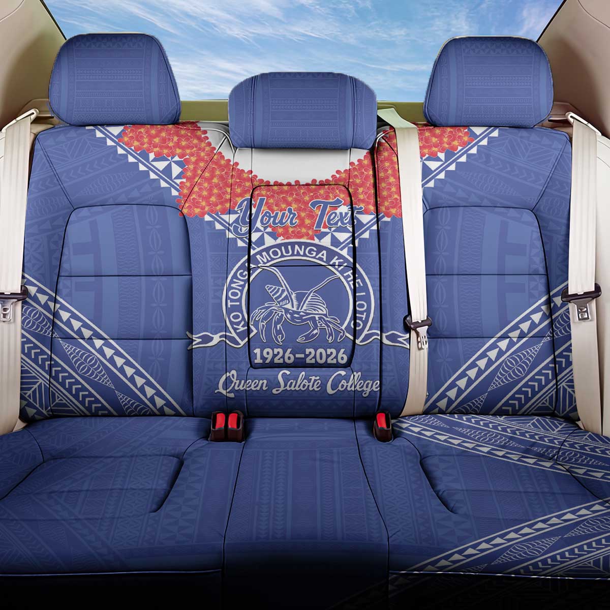 Queen Salote College 100 Years Personalized Back Car Seat Cover Tonga QSC Heilala Lei Blue Ngatu Pattern