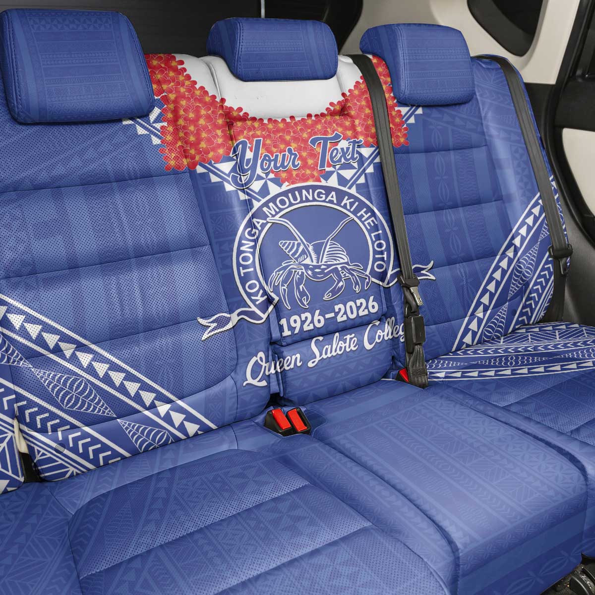 Queen Salote College 100 Years Personalized Back Car Seat Cover Tonga QSC Heilala Lei Blue Ngatu Pattern
