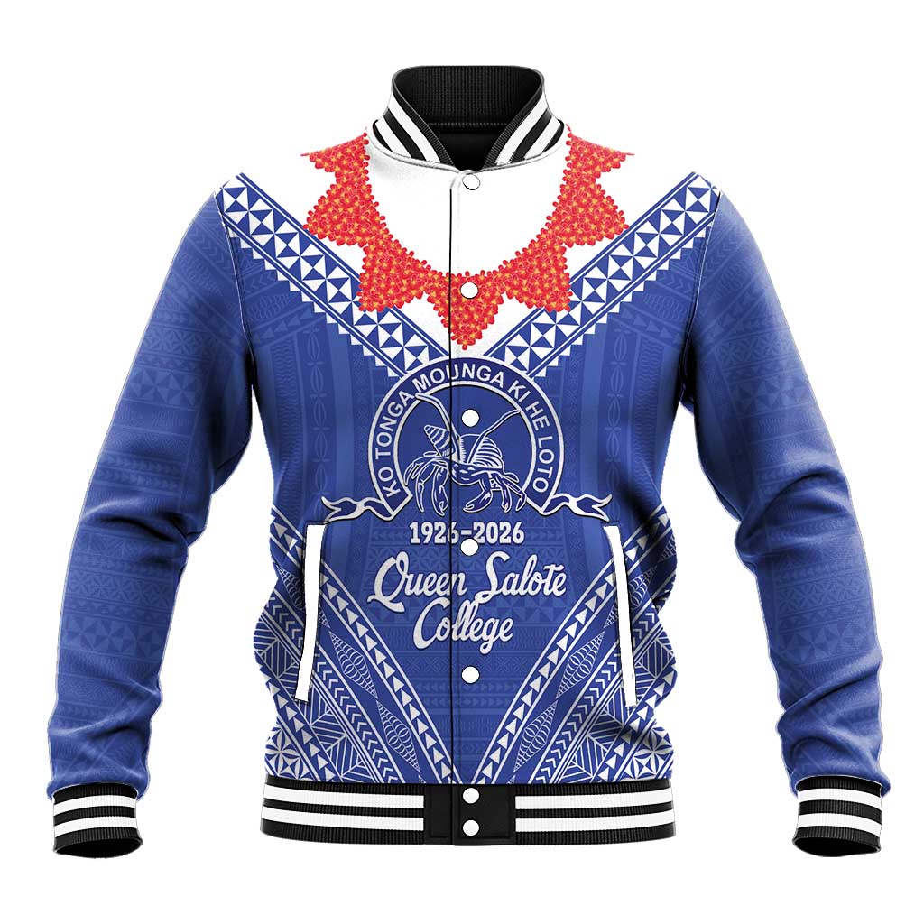 Queen Salote College 100 Years Personalized Baseball Jacket Tonga QSC Heilala Lei Blue Ngatu Pattern LT14 Unisex Blue - Polynesian Pride