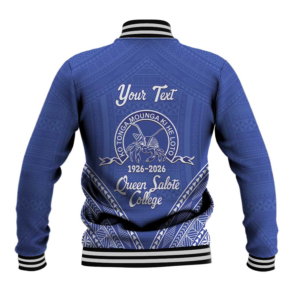 Queen Salote College 100 Years Personalized Baseball Jacket Tonga QSC Heilala Lei Blue Ngatu Pattern LT14 - Polynesian Pride