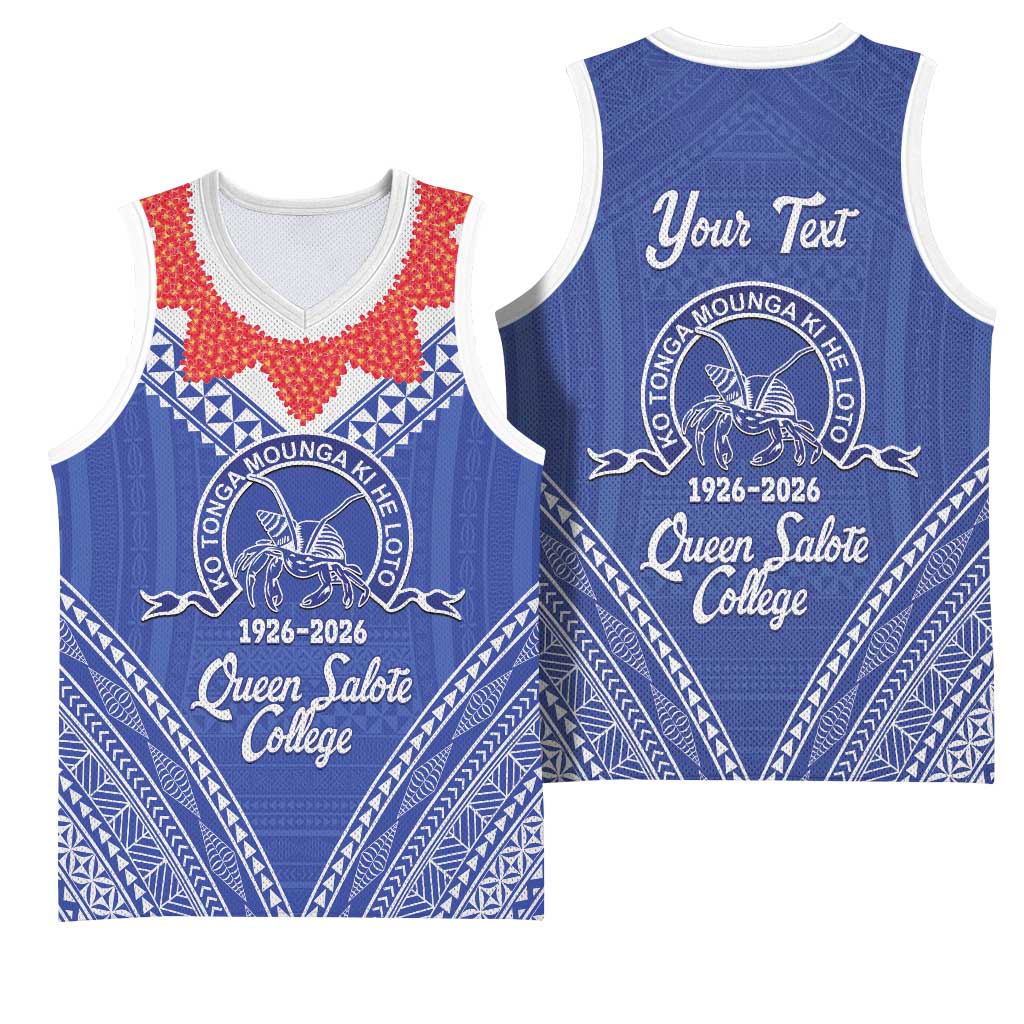 Queen Salote College 100 Years Personalized Basketball Jersey Tonga QSC Heilala Lei Blue Ngatu Pattern LT14 - Polynesian Pride