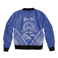 Queen Salote College 100 Years Personalized Bomber Jacket Tonga QSC Heilala Lei Blue Ngatu Pattern LT14 - Polynesian Pride