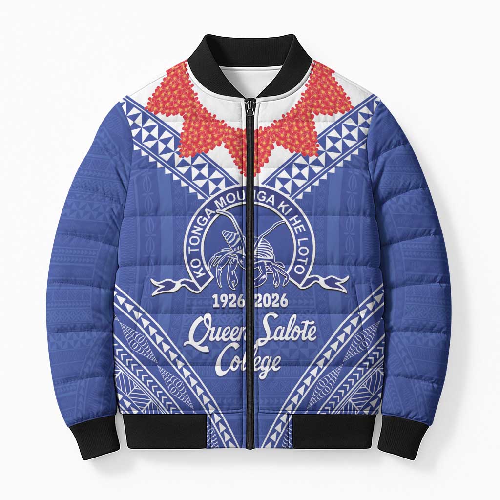 Queen Salote College 100 Years Personalized Bomber Puffer Jacket Tonga QSC Heilala Lei Blue Ngatu Pattern LT14 Unisex Blue - Polynesian Pride