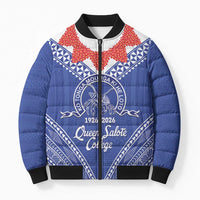 Queen Salote College 100 Years Personalized Bomber Puffer Jacket Tonga QSC Heilala Lei Blue Ngatu Pattern LT14 Unisex Blue - Polynesian Pride