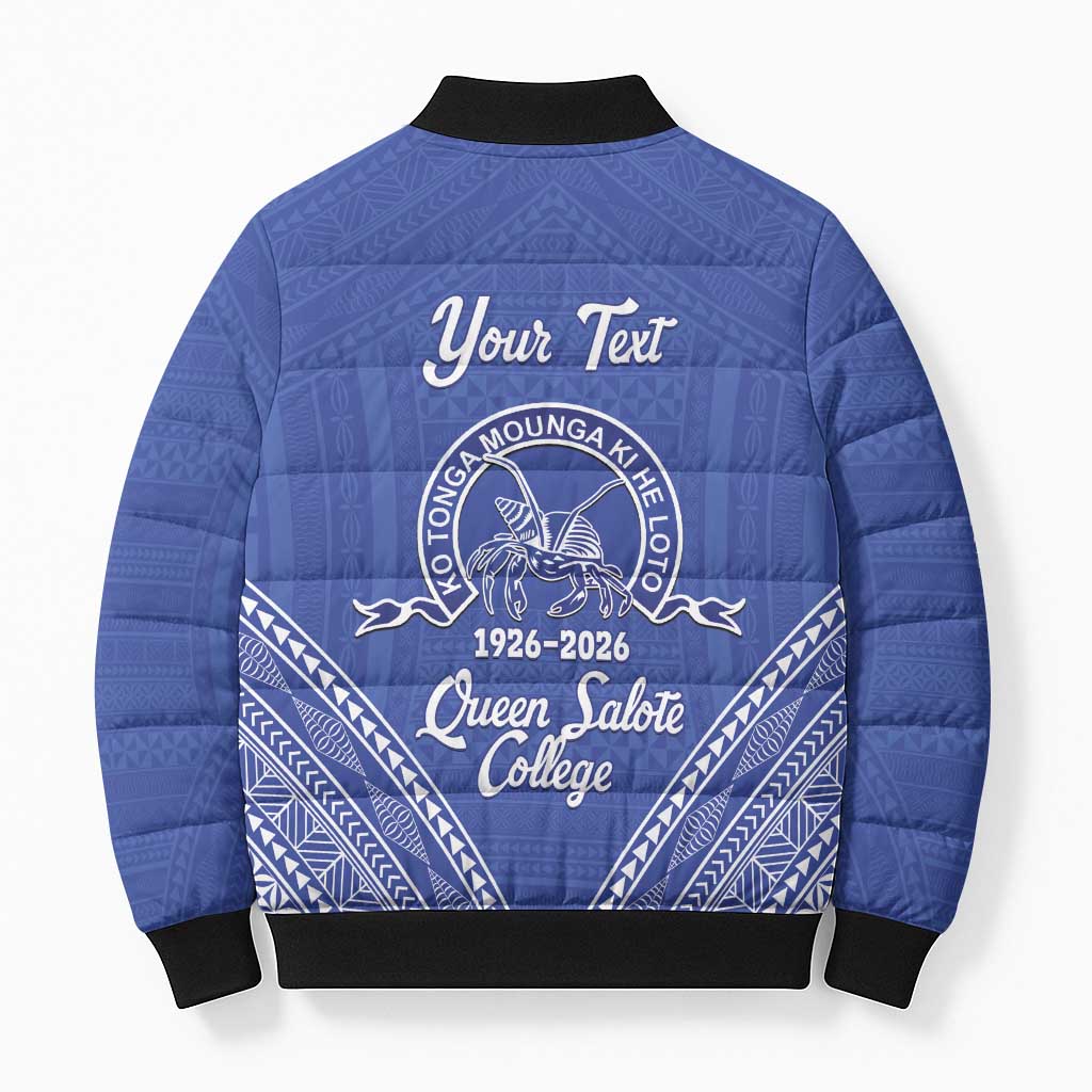Queen Salote College 100 Years Personalized Bomber Puffer Jacket Tonga QSC Heilala Lei Blue Ngatu Pattern LT14 - Polynesian Pride