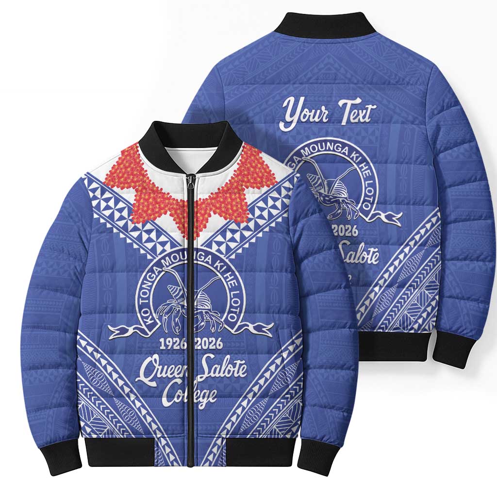 Queen Salote College 100 Years Personalized Bomber Puffer Jacket Tonga QSC Heilala Lei Blue Ngatu Pattern LT14 - Polynesian Pride