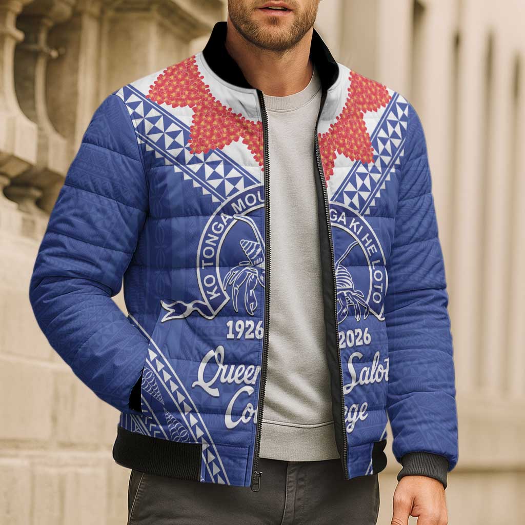 Queen Salote College 100 Years Personalized Bomber Puffer Jacket Tonga QSC Heilala Lei Blue Ngatu Pattern LT14 - Polynesian Pride