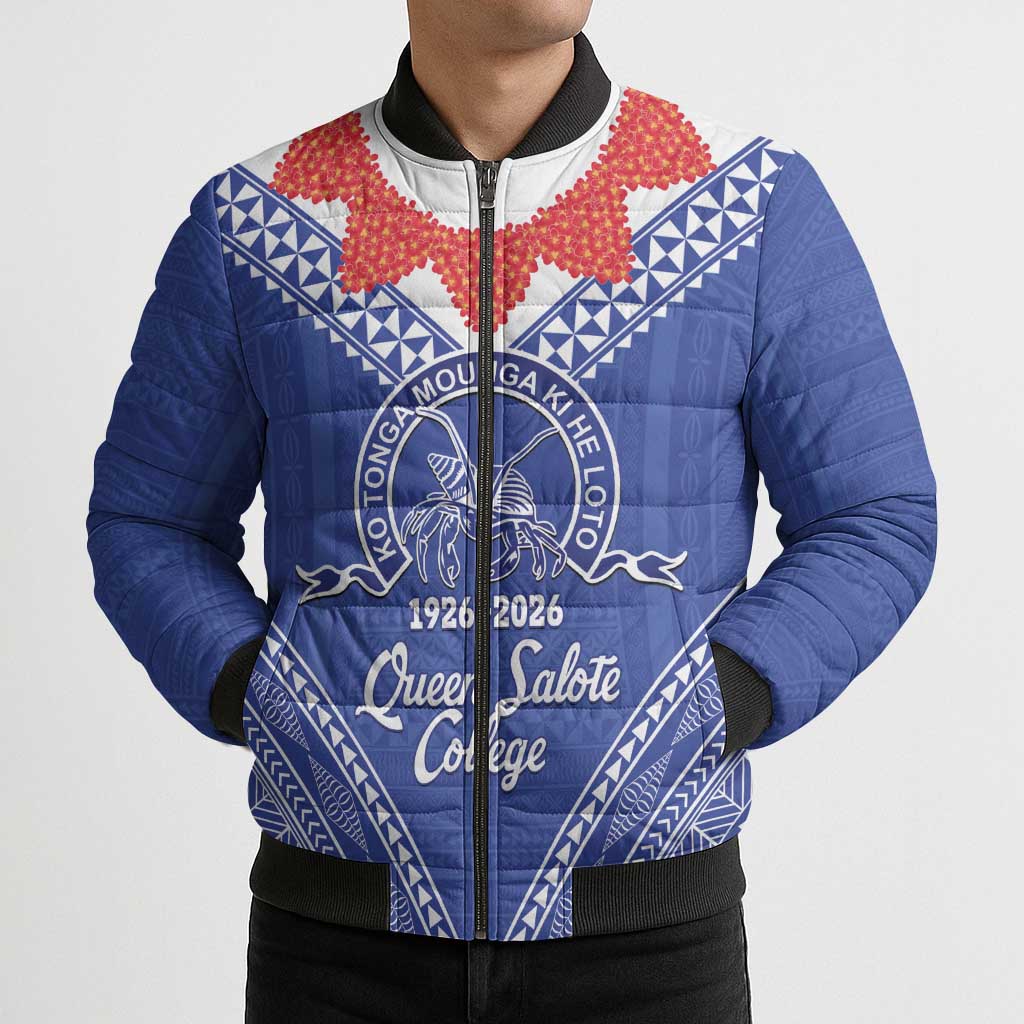 Queen Salote College 100 Years Personalized Bomber Puffer Jacket Tonga QSC Heilala Lei Blue Ngatu Pattern LT14 - Polynesian Pride