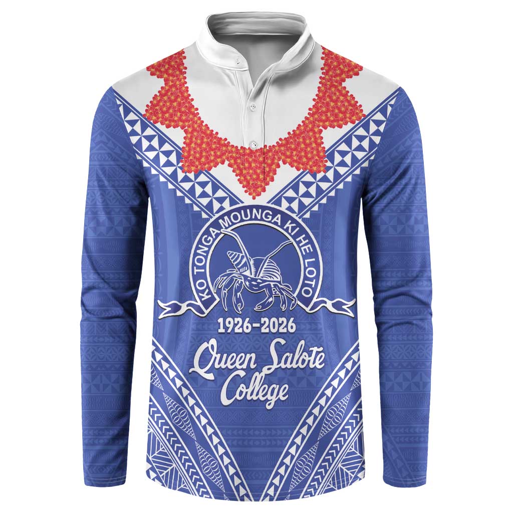 Queen Salote College 100 Years Personalized Button Sweatshirt Tonga QSC Heilala Lei Blue Ngatu Pattern LT14 Blue - Polynesian Pride