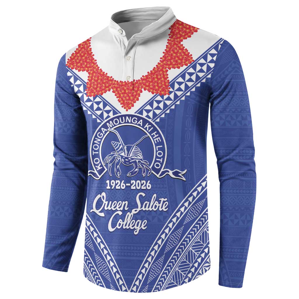 Queen Salote College 100 Years Personalized Button Sweatshirt Tonga QSC Heilala Lei Blue Ngatu Pattern LT14 - Polynesian Pride